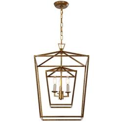 Decomust 17'' Lantern Pendant Light Industrial Vintage Lantern Iron Cage Hanging with 3-Light, Chandelier for Traditional Dining Room Bar Cafe (Gold)