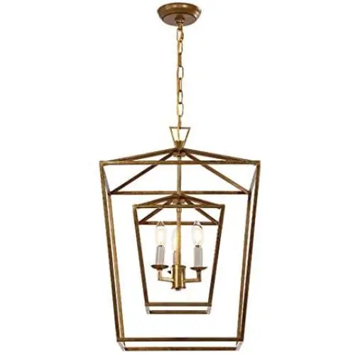 Decomust 17'' Lantern Pendant Light Industrial Vintage Lantern Iron Cage Hanging with 3-Light, Chandelier for Traditional Dining Room Bar Cafe (Gold)