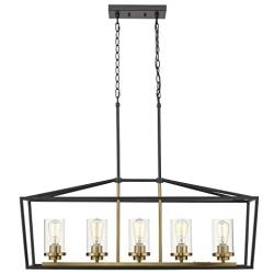 Emliviar Modern 5-Light Kitchen Island Pendant Light Fixture, Linear Pendant Lighting, Black and Gold Finish with Clear Glass Shade, P3033-5LP