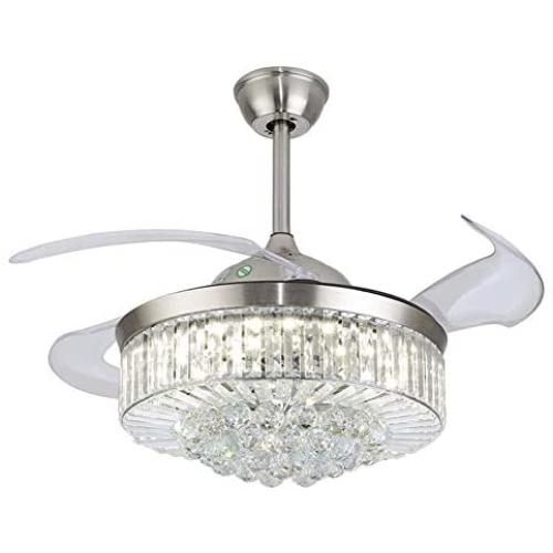 BDenise 42 Inch Crystal Chandelier Ceiling Fan with Light and Remote Control, Modern Silent Retractable Blades Fans Lighting with 3 Lights Level and 3 Speeds for Dining /Living Room