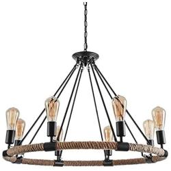 OYI Hemp Rope Style Pendant Light, 8 Lights Retro Industrial Chandelier Metal Island Light Chain Ceiling Lamp E26 Socket