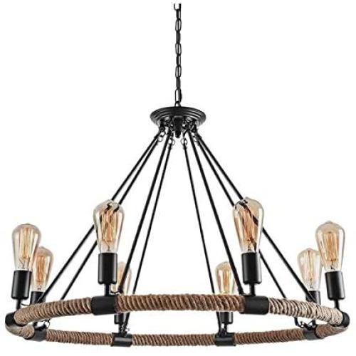 OYI Hemp Rope Style Pendant Light, 8 Lights Retro Industrial Chandelier Metal Island Light Chain Ceiling Lamp E26 Socket