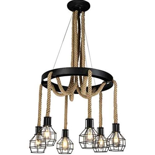 Retro Metal Ring Hanging Lights Industry Hemp Rope DIY Pendant Light Cage Height Adjustable Chandelier Dining Room Kitchen Hotel Living Room Attic Stairs 6×E27