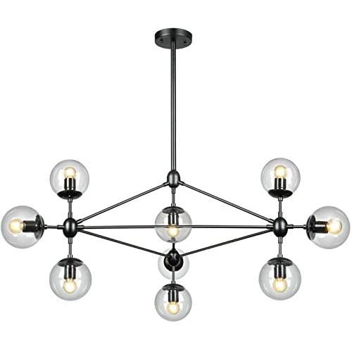 Lampundit DNA Chandelier 10 Light Modern Chandelier Lighting, Matte Black Finish with Globe Glass Shade, Industrial Ceiling Light Fixture for Dining & Living Room, Kitchen Island, Foyer - Black