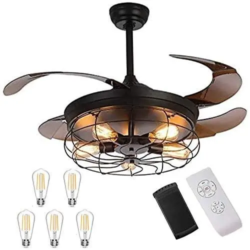 Retractable Ceiling Fans with Lights - with 5 LED Bulbs and Remote Controller 42inch Vintage Retractable Ceiling Fans