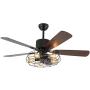 Retro Industrial Ceiling Fan Light 52 Inch 5-Lights E27 Fixture for Restaurant Living Room Bedroom Create Iron Cage Rustic Style (52'' Retro Industrial) (Retro Industria Cage)