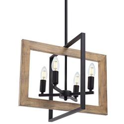 Wellmet Farmhouse Dining Room Lighting Fixtures Hanging 4-Light, Rustic Chandelier Kitchen Island Foyer Entry Pendant Light in Distressed Wood and Black Metal Finish