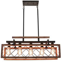 Giluta Rectangle Wood Chandelier Kitchen Island Pendant Lighting Rustic Farmhouse Chandelier Hanging Ceiling Light Fixture 5 Lights Ideal for Dining Room Living Room (C0060)