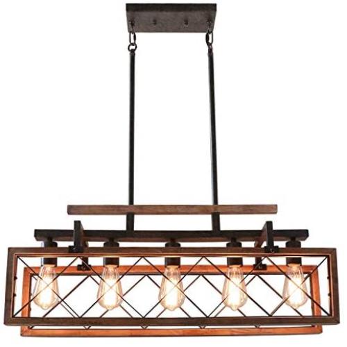 Giluta Rectangle Wood Chandelier Kitchen Island Pendant Lighting Rustic Farmhouse Chandelier Hanging Ceiling Light Fixture 5 Lights Ideal for Dining Room Living Room (C0060)
