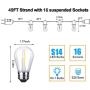 YVETTE 49Ft LED Outdoor String Lights, Waterproof 16 E26 Sockets and 17 S14 Edison Vintage Bulbs(1 Spare), ETL Approved, 2700K Warm White LED Light String for Patio Wedding (White)