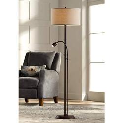 Traverse Modern Floor Lamp with Reading Light LED Gooseneck Oil Rubbed Bronze Oatmeal Fabric Drum Shade for Living Room Bedroom Office - Possini Euro Design