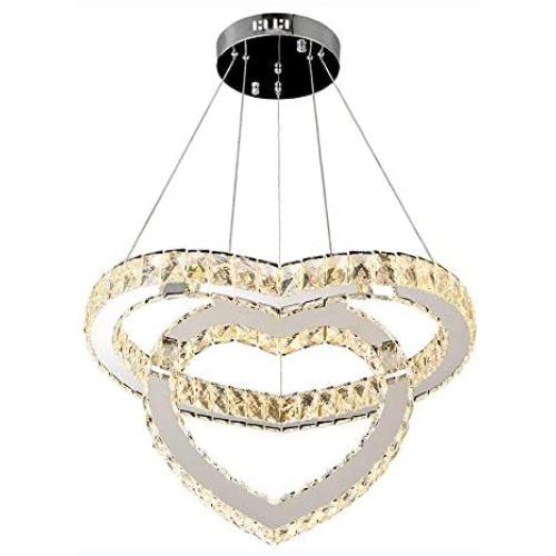 Modern Crystal Chandeliers, Heart Shape 2 Rings 50W 110V LED Crystal Chandelier Fixtures Stainless Steel Round Pendant Ceiling Lights Fixtures for Dining Room Living Room Bedroom (Warm White)