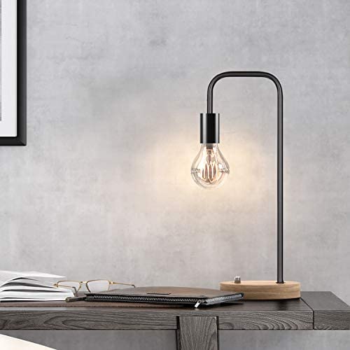 Oneach Industrial Desk Lamp Vintage Edison LED Table Lamp Bedside Lamp for Dorm Office Living Room Bedroom Wooden Base Lamp for Reading Black (Without Bulb)