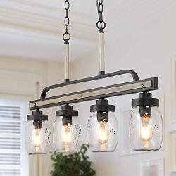 Mason Jar Chandelier, Kitchen Island Lighting in Rustic Faux Wood, Farmhouse Lighting for Dining Room, 30'' x 3.9'' x 19.5''