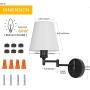 HAITRAL Adjustable Swing Arm Wall Sconces 2 Pack - Bedroom Wall Lamps with White Shade& Black Metal, Plug in& Hardwire Modern Wall Lamps for Bedside, Farmhouse, Kitchen, Bedroom(Bulb is Not Included)