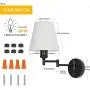 HAITRAL Adjustable Swing Arm Wall Sconces 2 Pack - Bedroom Wall Lamps with White Shade& Black Metal, Plug in& Hardwire Modern Wall Lamps for Bedside, Farmhouse, Kitchen, Bedroom(Bulb is Not Included)