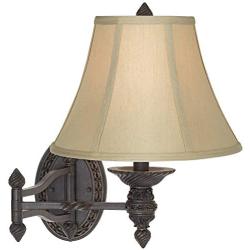 Godia Swing Arm Wall Lamp French Country Bronze Plug-in Light Fixture Beige Softback Bell Shade for Bedroom Bedside Living Room Reading - Barnes and Ivy