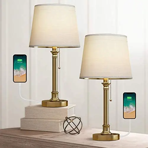 Oneach USB Table Lamps Set of 2 for Bedroom Living Room Office Modern Bedside 19.75“ Desk Lamps Nightstand Lamp Metal Gold Reading Lamp Antique Brass