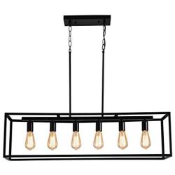 Garwarm 6 Light Rectangle Chandelier,Black Metal Linear Modern Pendant Lighting,Industrial Cage Kitchen Island Ceiling Light Fixture for Dining Room Kitchen