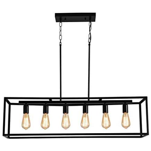 Garwarm 6 Light Rectangle Chandelier,Black Metal Linear Modern Pendant Lighting,Industrial Cage Kitchen Island Ceiling Light Fixture for Dining Room Kitchen