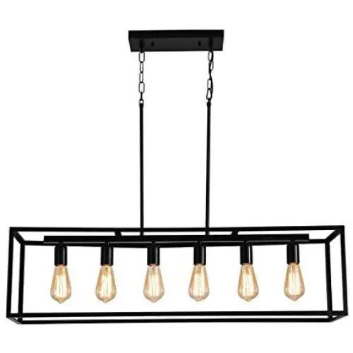 Garwarm 6 Light Rectangle Chandelier,Black Metal Linear Modern Pendant Lighting,Industrial Cage Kitchen Island Ceiling Light Fixture for Dining Room Kitchen