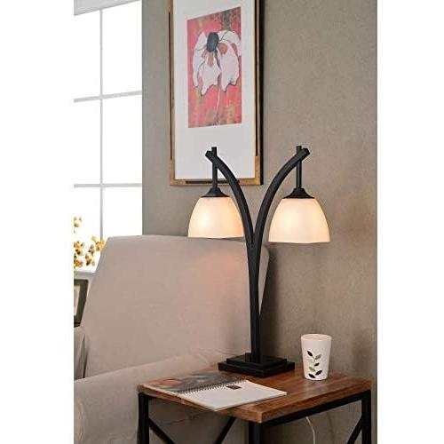 2 Lights Bronze Table Lamp 26'', Brown Desk Lamp with Shade Metal Reading Light Glass for Bedroom Living Room