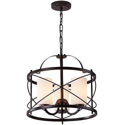 LHLYCLX 3 - Light Lantern Geometric Chandelier, Farmhouse Drum Pendant Lighting Fixtures (Black)