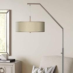 Modern Arc Floor Lamp Brushed Nickel Sesame Textured Faux Silk Drum Shade for Living Room Reading Bedroom Office - Possini Euro Design