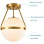 Mid Century Modern Globe Semi Flush Mount Ceiling Light Fixture,White Opal with Brass Finish,Living/Dinning Room