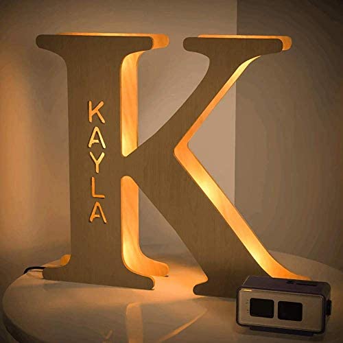 VEELU Personalized Decor Led Night Light Marquee Letter Lights Custom Wooden Engraved Name Wall Light for Bedroom Christmas Wedding - Best Gift for Family Lovers Friends