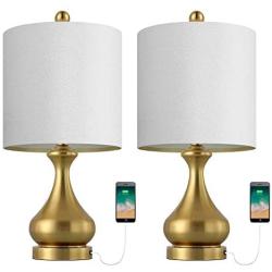 BOBOMOMO 21 Metal USB Table Lamp Set of 2 with Charging Port,Eye-Caring Nightstand Lamps Dressed in Brushed Gold Finish and White Lamp Shades for Bedroom, Living Room