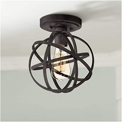 Atom Rustic Industrial Ceiling Light Semi Flush Mount Fixture LED Antique Edison Open Cage Black 8'' Wide for Bedroom Kitchen Living Room Hallway Bathroom - Franklin Iron Works