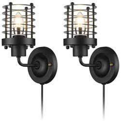 Retro Semi Cage Wall Sconce Lamp Plug in Cord with Switch Black Metal Industrial Wall Light Vintage Style Mini Antique Fixture for Bedroom,Living Room,Guest Room Office 2 Pack (No Bulb)