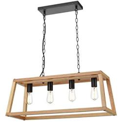 Light Society LS-C262-NT Bristol Natural Wood Pendant Lamp Chandelier with Metal Chain, Modern Industrial Style