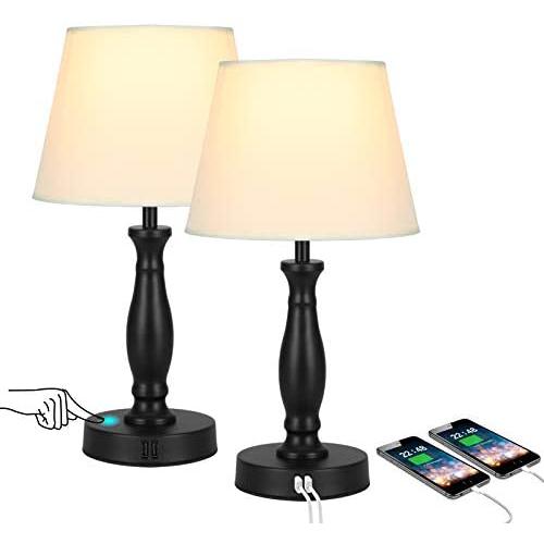Congratsu Touch Table Lamp with Dual USB Charging Ports, 3-Way Dimmable Modern Lamps with White Fabric Shade, Set of 2 Bedside Table Lamps for Bedroom Living Room Study Room Office