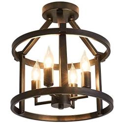 UOFUS Metal Semi Flush Mount Ceiling Light Fixture ，4 Candle Holder Lights Rustic Chandelier ，Farmhouse Lighting for Living Room Bedroom Kitchen Hallway