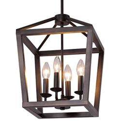 Q&S Farmhouse Chandelier Light Fixture,Vintage Rustic Pendant Lighting,Rectangle Lantern,ORB+Bronze Rubbed Finish,Metal Lighting Fixtures for Dining Room,Kitchen,Foyer,Entryway,4 Lights