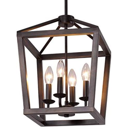 Q&S Farmhouse Chandelier Light Fixture,Vintage Rustic Pendant Lighting,Rectangle Lantern,ORB+Bronze Rubbed Finish,Metal Lighting Fixtures for Dining Room,Kitchen,Foyer,Entryway,4 Lights