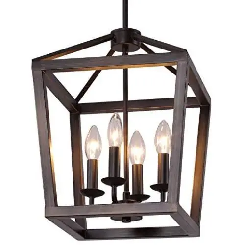 Q&S Farmhouse Chandelier Light Fixture,Vintage Rustic Pendant Lighting,Rectangle Lantern,ORB+Bronze Rubbed Finish,Metal Lighting Fixtures for Dining Room,Kitchen,Foyer,Entryway,4 Lights