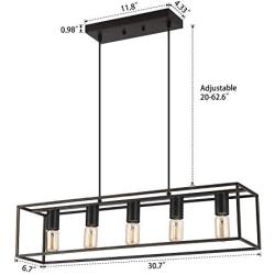 Farmhouse Island Chandelier Lighting, 5-Light Metal Frame Linear Hanging Light Fixture for Kitchen Island Dining Room (Black+Brushed Gold, 5-Light)