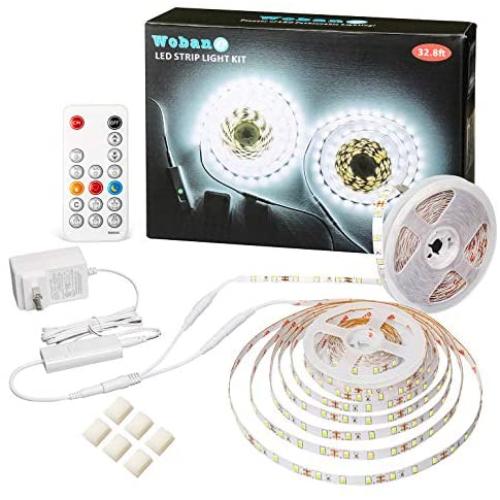 LED Strip Lights 32.8ft White, WOBANE Dimmable White Light Strip Kit with Remote and Control Box, 600 LEDs Supper Bright Tape Lights for Living Room, Mirror, Under Cabinet, Wardrobe 6500K Daylight