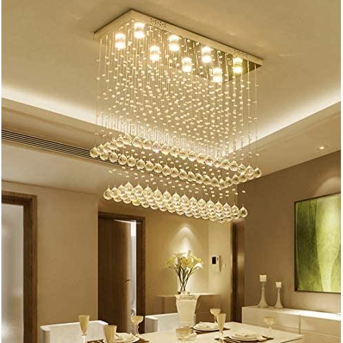 Moooni Modern Rectangular Raindrop Crystal Chandelier Ceiling Lighting Fixture Rectangle Pendant Flush Mount LED Light for Dining Room L 40''x W 12''x H 31.5''