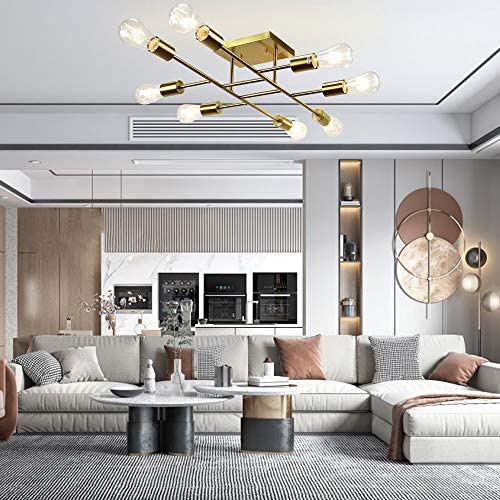 Sivilynus 8 Lights Sptunik semi Ceiling Chandelier Brushed Brass Flush Mount Farmhouse Ceiling Hanging Light Fixture for Dining Room Living Room Bedromm Foyer Kitchen Island