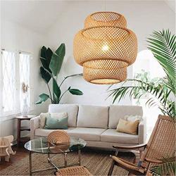 BAYCHEER Asian Cylinder Pendant Light Adjustable Cord Woven Natural Wooden Handcraft Pendant Lighting in Wood Rustic Ceiling Lamp Chandelier Fixture for Dining Room Living Room Restaurant,15