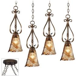 Amber Scroll Bronze Mini Swag Pendant Chandelier Rustic Art Glass 4-Light Fixture for Dining Room House Foyer Kitchen Island Entryway Bedroom Living Room - Franklin Iron Works