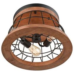 Farmhouse Wood Round Ceiling Light Rustic Drum Flush Mount Lighting Fixture Brown Finished Natural Wood