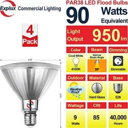 Explux 90W Equivalent Classic Full Glass LED PAR38 Spotlight Bulbs, 30° Spot Beam, 4100K 4-Pack, Dimmable, Outdoor Weatherproof, Cool White