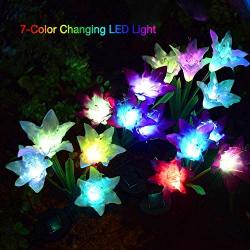 Outdoor Solar Lights, KOOPER 4 Pack Solar Garden Lights with 16 Bigger Lily Flowers, Waterproof 7 Color Changing Outdoor Lights - Bigger Solar Panel for Garden Patio Yard Pathway Decoration…