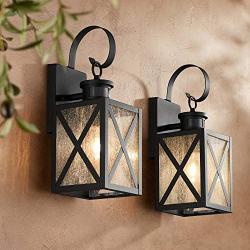 Welling Vintage Outdoor Wall Light Fixtures Set of 2 Carriage Style Textured Black 14 1/2'' Clear Seedy Glass Dusk to Dawn Motion Sensor for Exterior House Porch Patio Deck - John Timberland