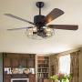 Retro Industrial Ceiling Fan with Light 5 Wood Reversible Blade Vintage Reversible Ceiling Fan 3 Speed Vintage Cage Chandelier Fan with Remote Control for Restaurant Bedroom Living Room (52 Inch)